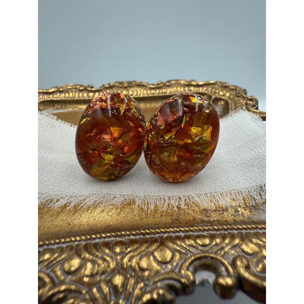 Vintage Mid Century Gold Foil Faux Amber Resin Oval Cufflinks Orange Gold Tone